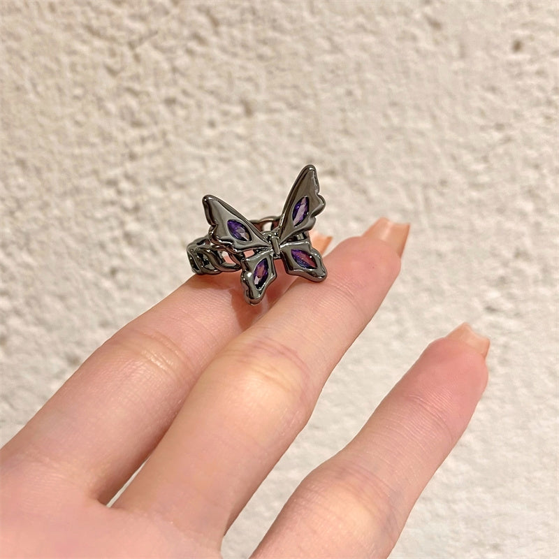 Black butterfly ring, female purple diamond inlaid with sweet cool personality, hot girl, small crowd adjustable index finger ring