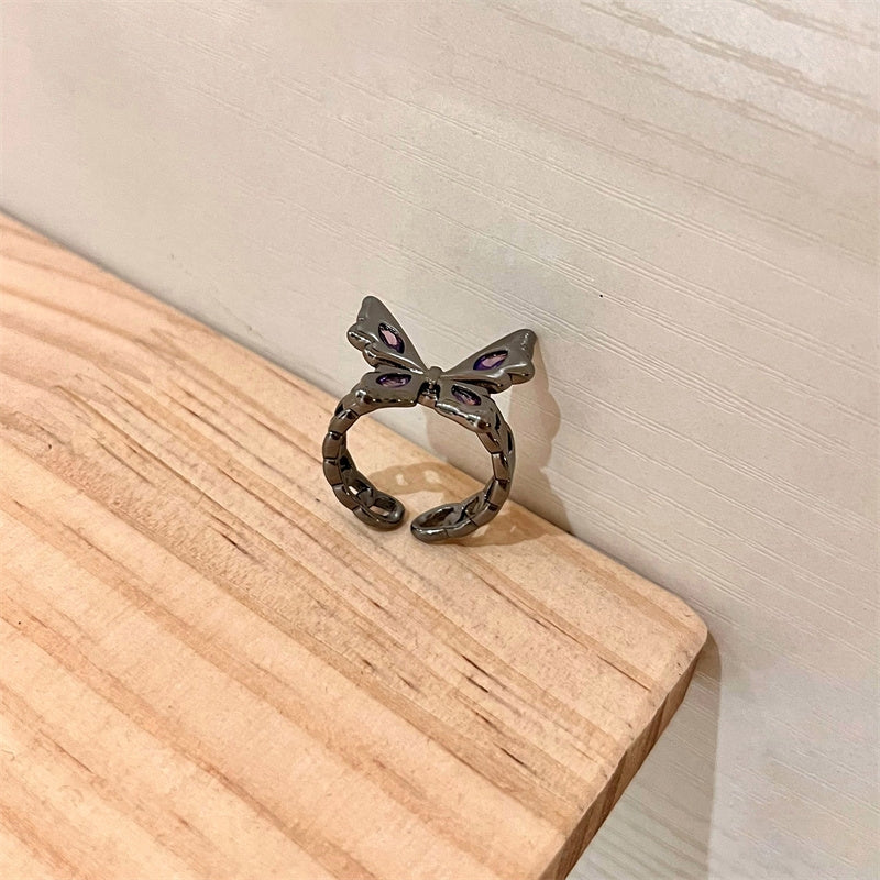 Black butterfly ring, female purple diamond inlaid with sweet cool personality, hot girl, small crowd adjustable index finger ring