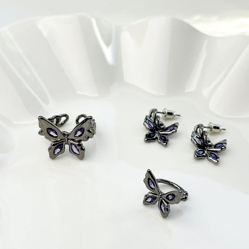 Black butterfly ring, female purple diamond inlaid with sweet cool personality, hot girl, small crowd adjustable index finger ring