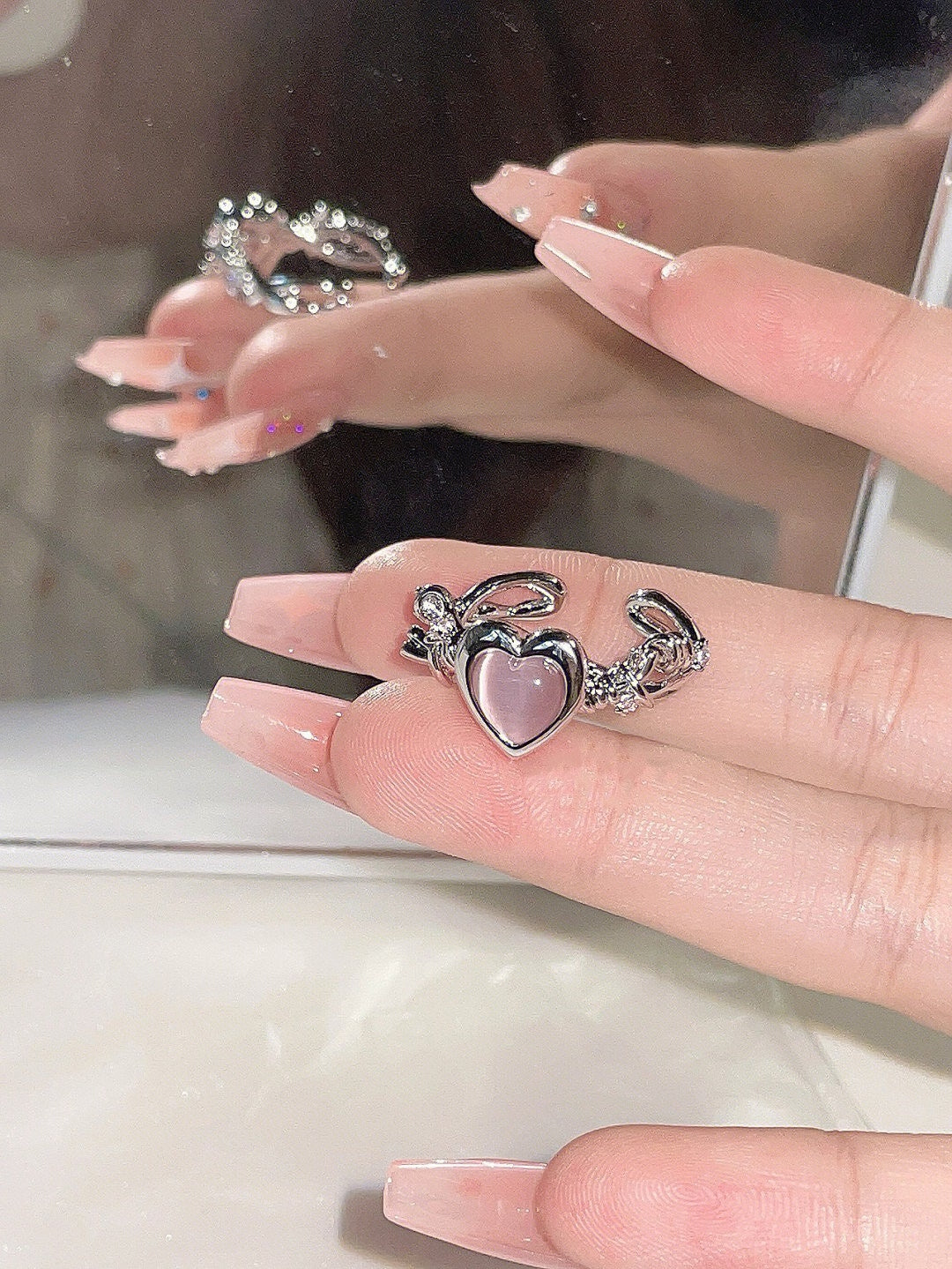 Pink Love Zircon Gem Ring Women's Gentle Temperament, Small Design, Adjustable Opening, Girl Friend Ring Women
