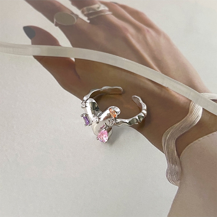 Pink Love Zircon Gem Ring Women's Gentle Temperament, Small Design, Adjustable Opening, Girl Friend Ring Women