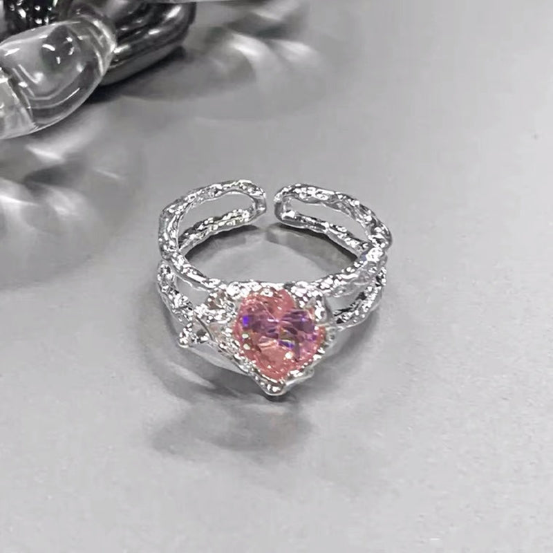 Pink Love Zircon Gem Ring Women's Gentle Temperament, Small Design, Adjustable Opening, Girl Friend Ring Women