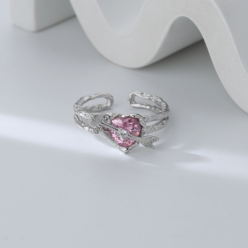 Pink Love Zircon Gem Ring Women's Gentle Temperament, Small Design, Adjustable Opening, Girl Friend Ring Women