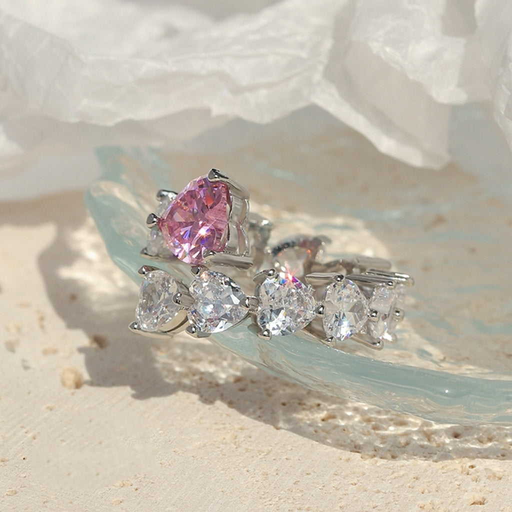 Pink Love Zircon Gem Ring Women's Gentle Temperament, Small Design, Adjustable Opening, Girl Friend Ring Women