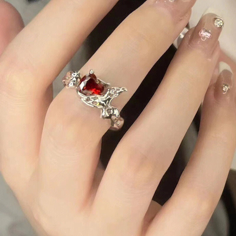S925 sterling silver niche design red open diamond set zircon french irregular gem ring