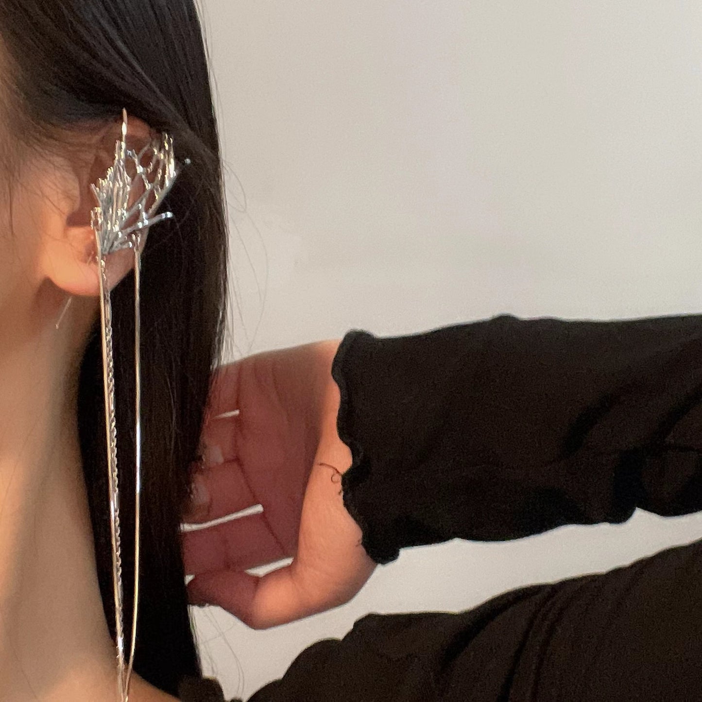 Long tassel temperament butterfly ear hook puncture ear needle integrated luxury high-end niche design earrings