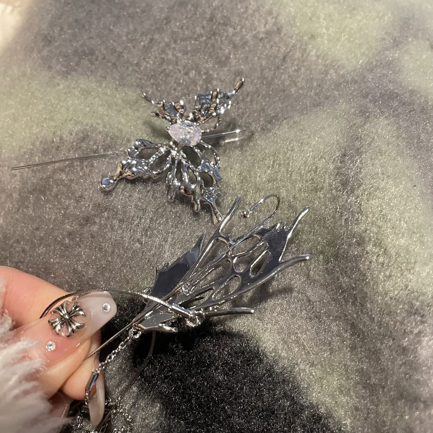 Long tassel temperament butterfly ear hook puncture ear needle integrated luxury high-end niche design earrings