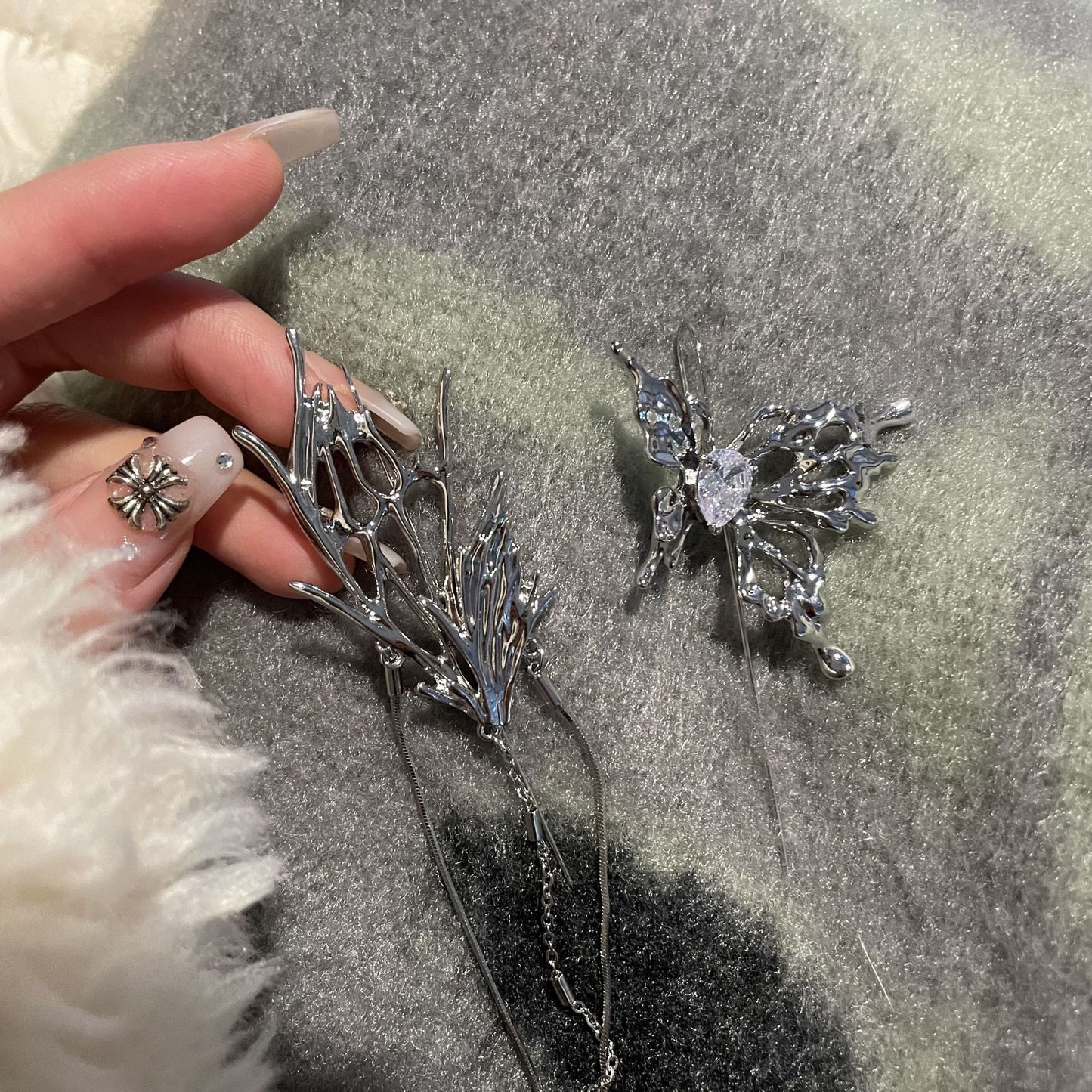 Long tassel temperament butterfly ear hook puncture ear needle integrated luxury high-end niche design earrings