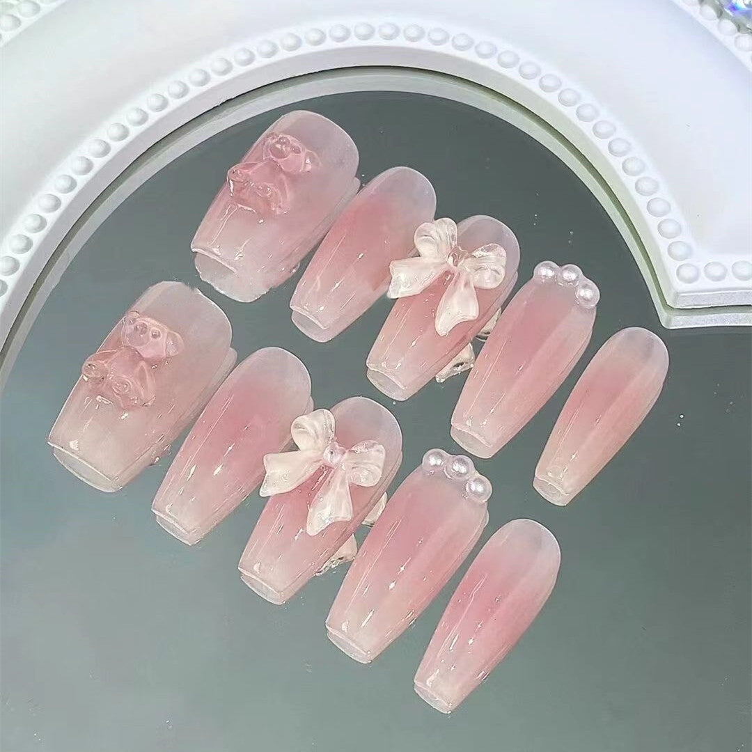 Wearing nail Manual phototherapy nail powder blusher bear bow waterproof removable false nails for pregnant women