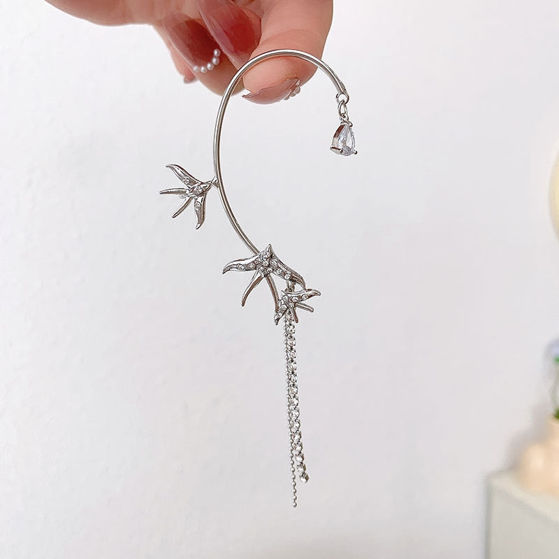 Set diamond tassel flying bird bird ear bone clip ear loop earrings Korean fashion flash diamond sweet cool cool wind earrings