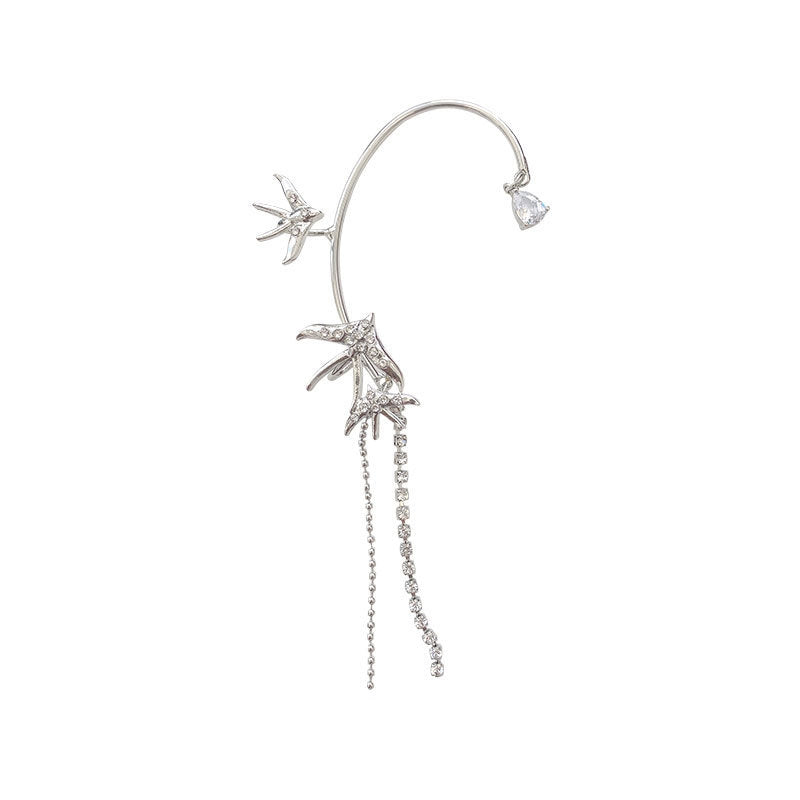 Set diamond tassel flying bird bird ear bone clip ear loop earrings Korean fashion flash diamond sweet cool cool wind earrings