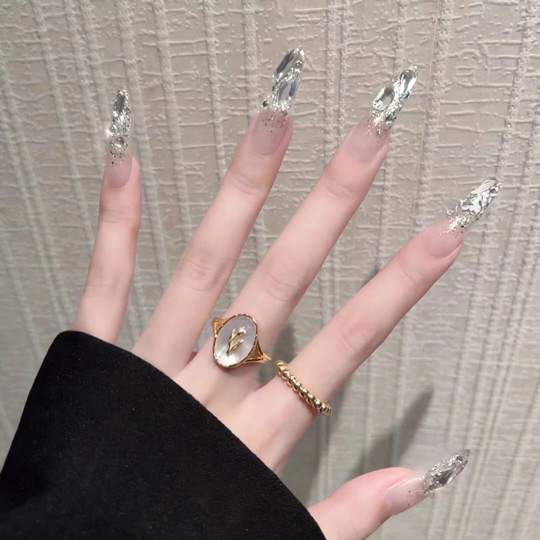 2022 New style of wearing nail, ice transparent, pure handmade nail enhancement, high-end feeling, pink diamond, explosive flash, summer wear