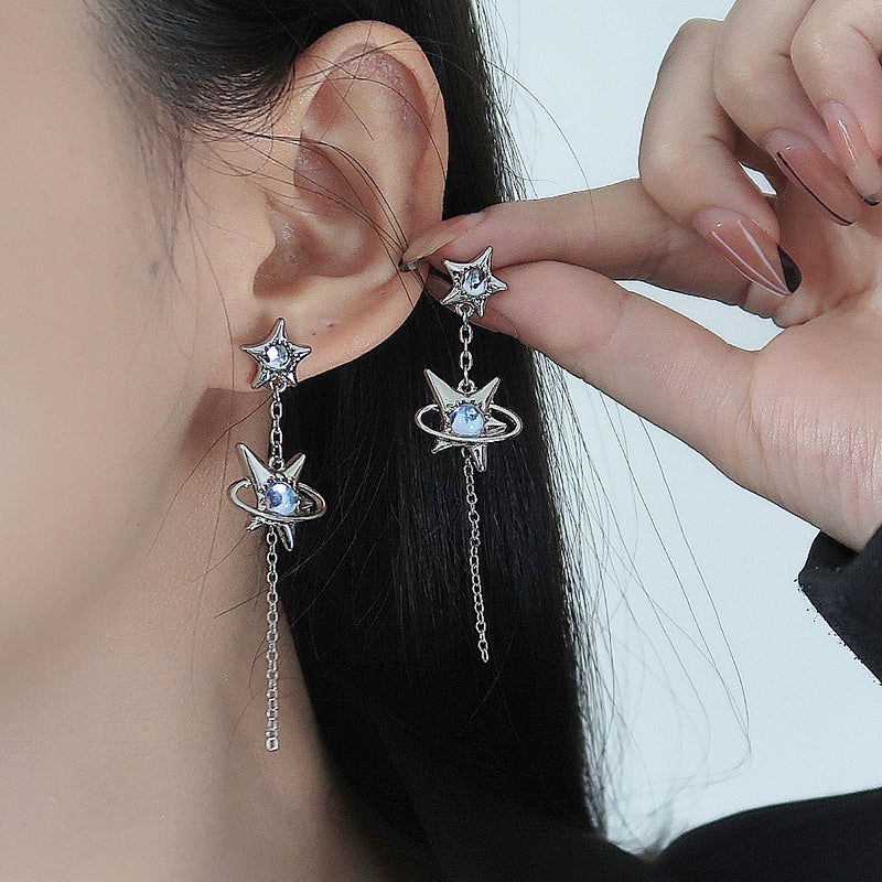 S925 Silver Needle Star Design Ear Studs Sweet Cool Hot Girl Long Tassel Earrings ins Fashion Ear Jewelry
