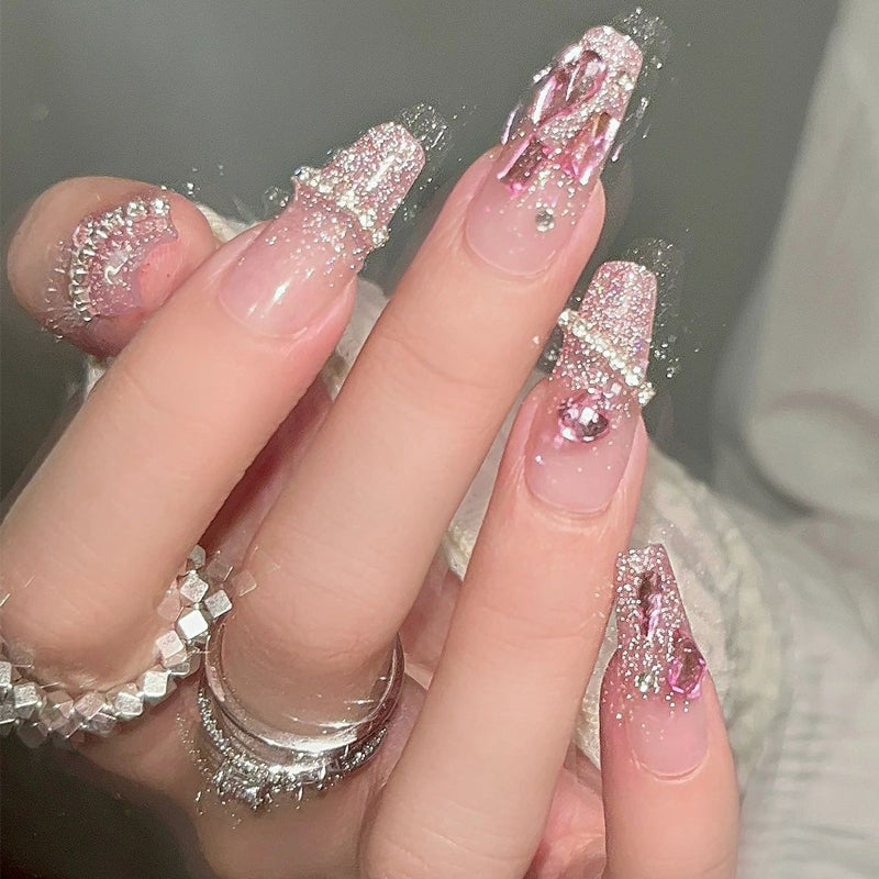 Pure handmade nail enhancement, glittering pink, broken diamond, butterfly, fairy air, white bride's nail enhancement, removable nail wearing patch