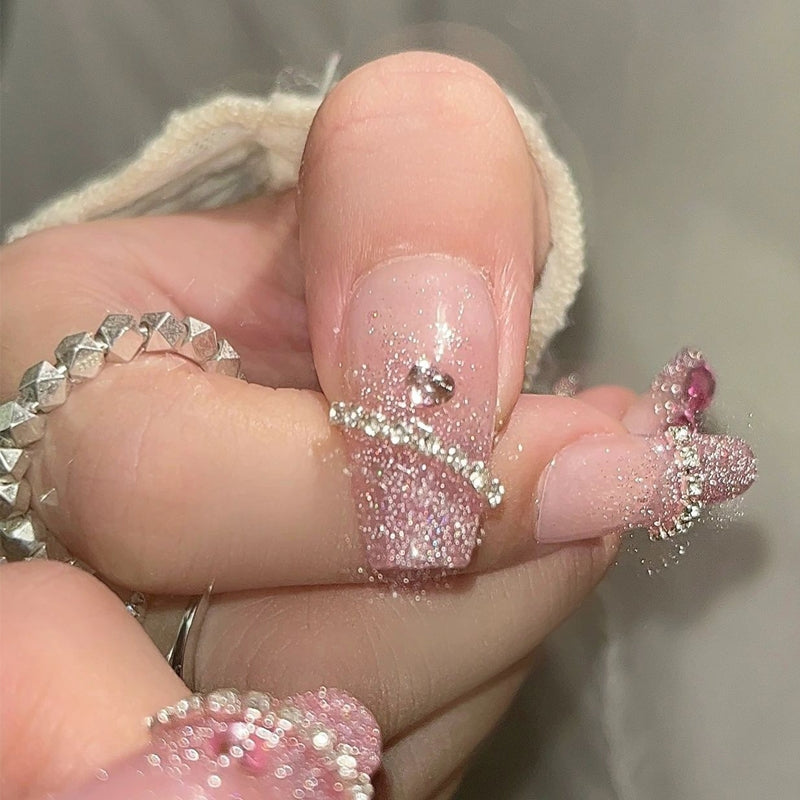 Pure handmade nail enhancement, glittering pink, broken diamond, butterfly, fairy air, white bride's nail enhancement, removable nail wearing patch