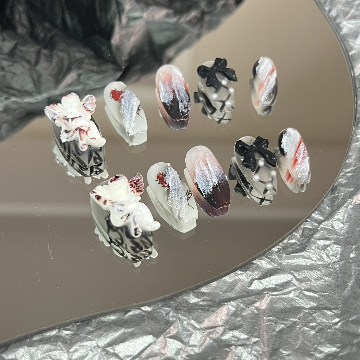 Handmade nail wearing short ladder angel bow rose false nail pregnant women students can use removable patch