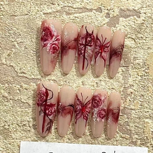 Blood Butterfly Rose Vine Cross Red Wearing Armor Handmade Customized Nail Beauty