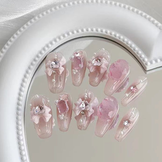 Strawberry crystal | pure hand wear armour steel ball pearl pink powder blusher nail girly bow bottom through diamond flash