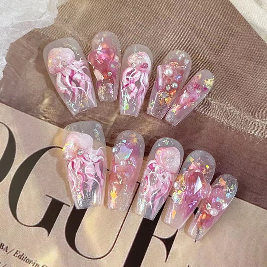 Pure handmade custom wearing nail polish, pure hand-painted jellyfish nail patch, nail patch, finished product, detachable