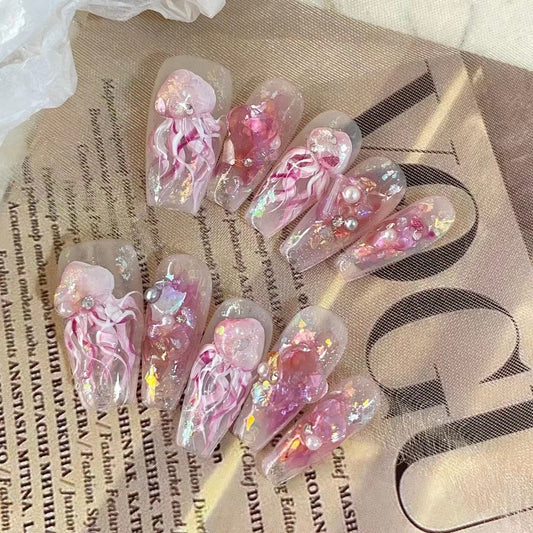 Pure handmade custom wearing nail polish, pure hand-painted jellyfish nail patch, nail patch, finished product, detachable