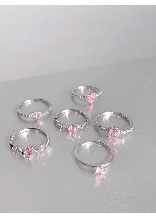 Cherry blossom pink ring six-piece set sweet flash diamond love gemstone butterfly ring