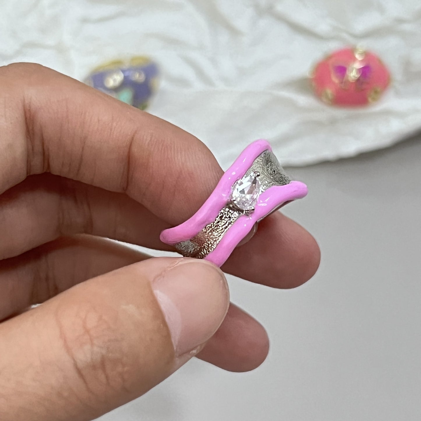 Milk Breathing Bow Ring Girl Cute Cream Tone Index Finger Ring Pink and Soft Sparkling Diamond Advanced Sense Ring Girl