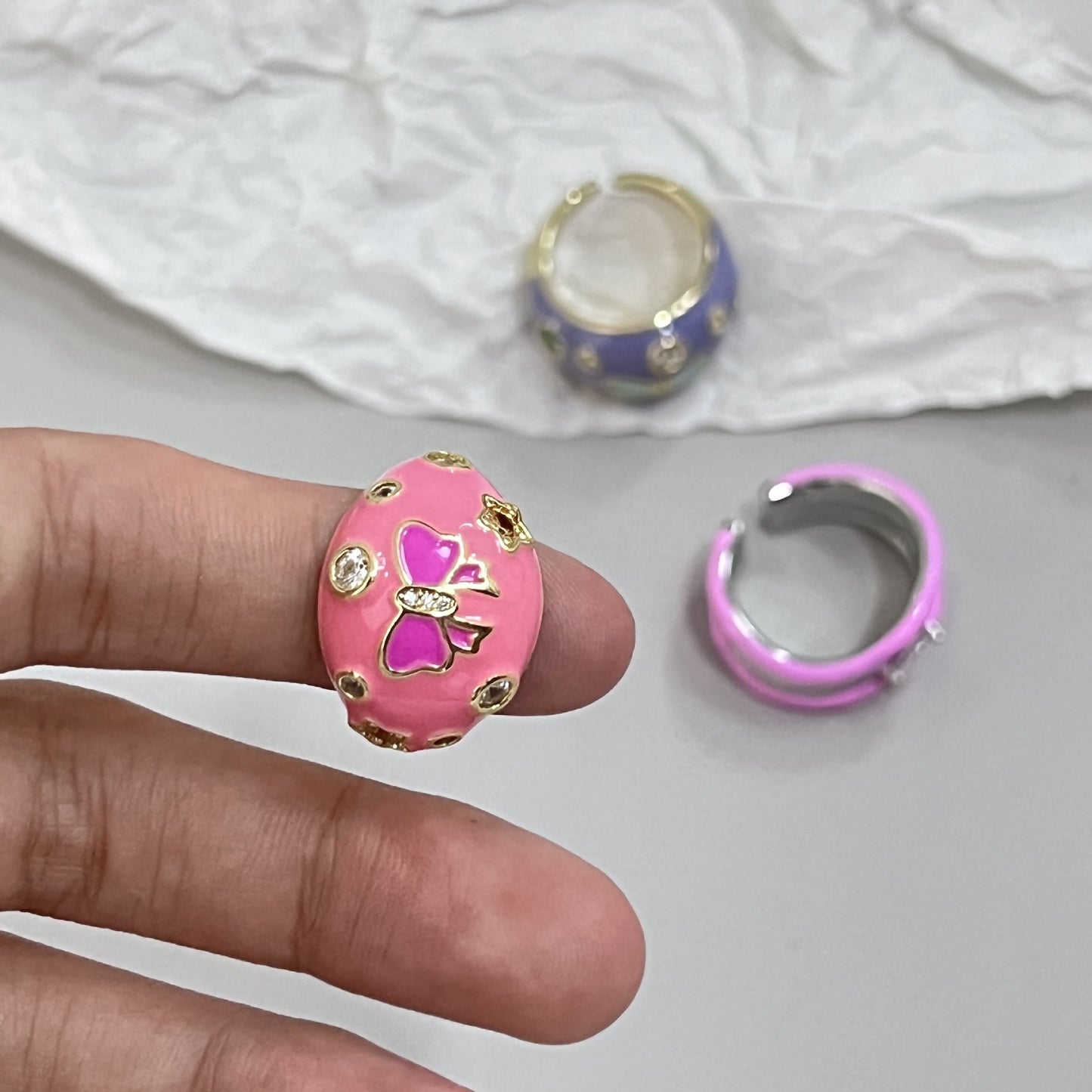 Milk Breathing Bow Ring Girl Cute Cream Tone Index Finger Ring Pink and Soft Sparkling Diamond Advanced Sense Ring Girl