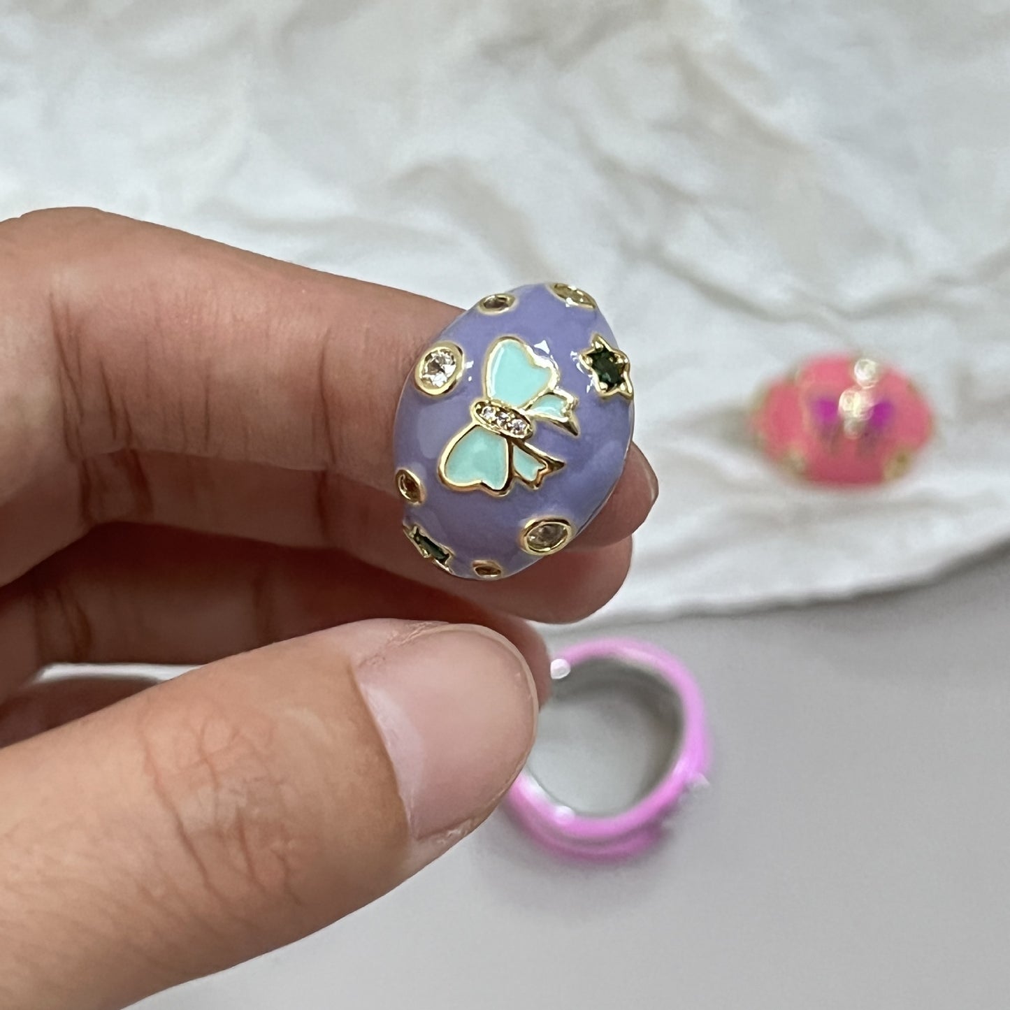 Milk Breathing Bow Ring Girl Cute Cream Tone Index Finger Ring Pink and Soft Sparkling Diamond Advanced Sense Ring Girl