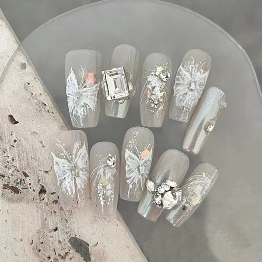 Handdrawn Flower Carving with Transparent Bottom Square Diamond Wearable Nail Art