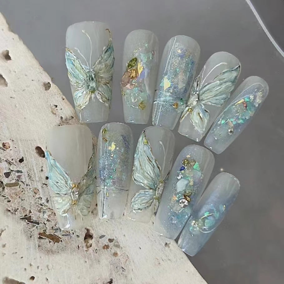 Blue nail butterfly sticker 2024 new high-end dopamine 3D relief white liquid