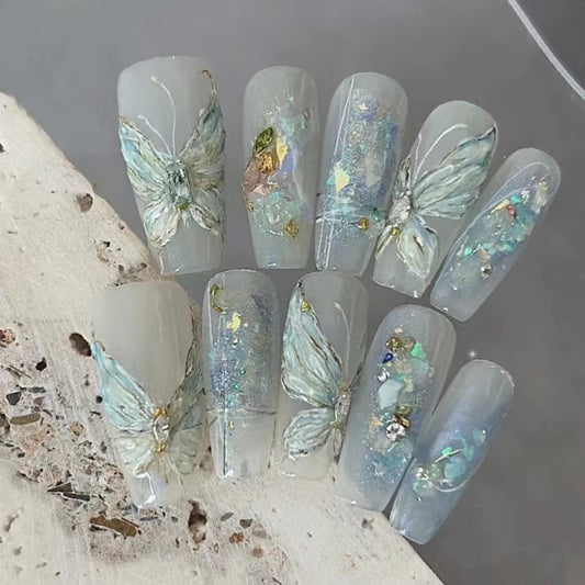 Blue nail butterfly sticker 2024 new high-end dopamine 3D relief white liquid