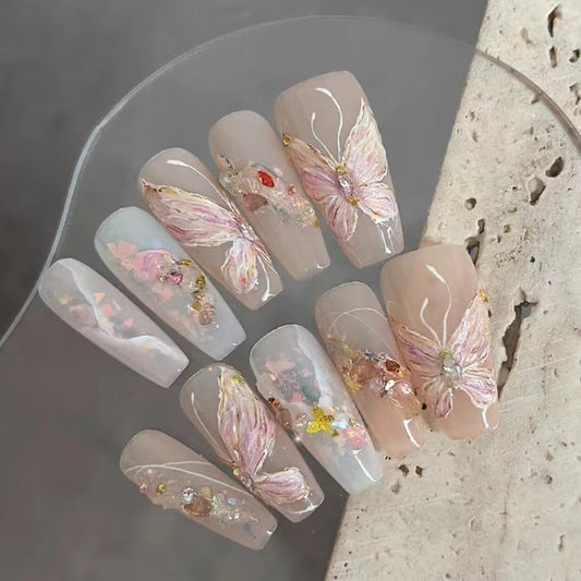 Pink nail butterfly sticker 2024 new high-end dopamine 3D relief white liquid