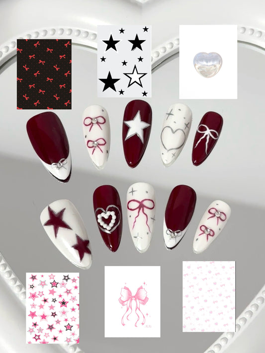 Chic Wine Red & White Nail （size M）
