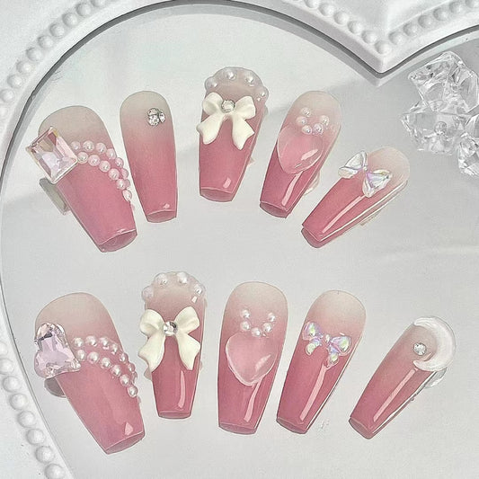 Handmade nail enhancement, wearing white armor, high-end feeling, bride armor, pink checkerboard pattern, love product, detachable wearing armor