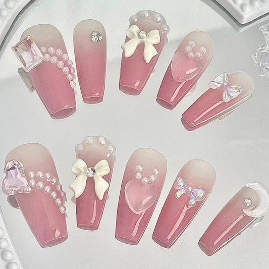Handmade nail enhancement, wearing white armor, high-end feeling, bride armor, pink checkerboard pattern, love product, detachable wearing armor