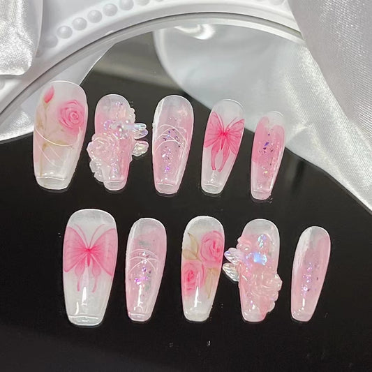 Vintage relief rose butterfly nail enhancement tomoni three-dimensional blue pink gradient wing nail