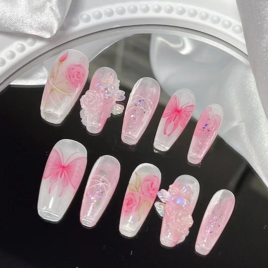 Vintage relief rose butterfly nail enhancement tomoni three-dimensional blue pink gradient wing nail