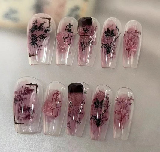 Mid length Ballet - Ink Chinese Style Flower Wearing Armor Autumn and Winter Gradual Halo Dye Nail Enhancement False Nail Patch