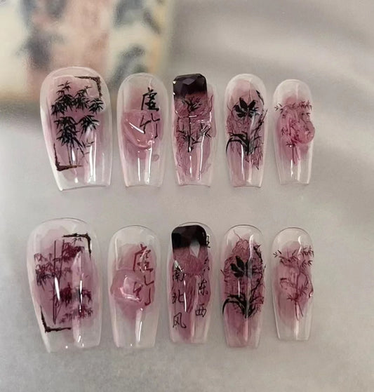 Mid length Ballet - Ink Chinese Style Flower Wearing Armor Autumn and Winter Gradual Halo Dye Nail Enhancement False Nail Patch