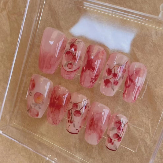 Xiaohongshu's popular hand-painted sweet black plum jam cherry cute style nail enhancement product