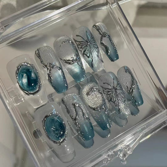 Wearing Nail Handmade Customization Wearable Finished Nail Enhancement Detachable Blue Y2K New Chinese Style Traditional Chinese Style