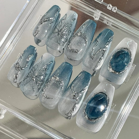 Wearing Nail Handmade Customization Wearable Finished Nail Enhancement Detachable Blue Y2K New Chinese Style Traditional Chinese Style