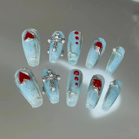 Blue handmade wearing nails, love diamond nail enhancement products, medium and long handmade phototherapy nail patches, whitening