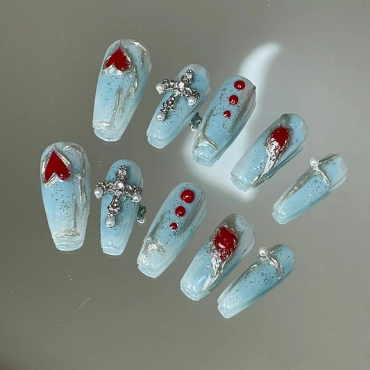 Blue handmade wearing nails, love diamond nail enhancement products, medium and long handmade phototherapy nail patches, whitening