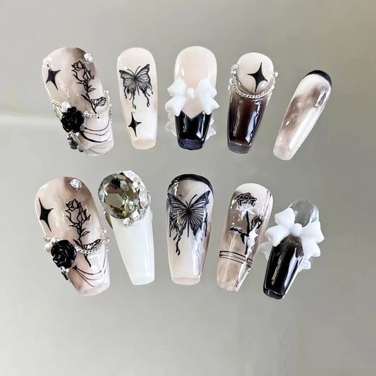 Wearing pure handmade customized black French pearl bow, finished nail plate, nail enhancement tool, sweet niche