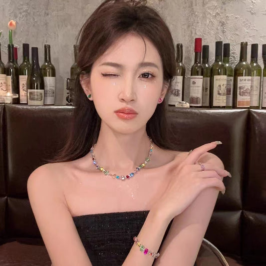 Sunset Party~Candy Colorful Crystal Necklace Light Luxury Crowd 2023 New Popular Collar Chain Neckchain Female