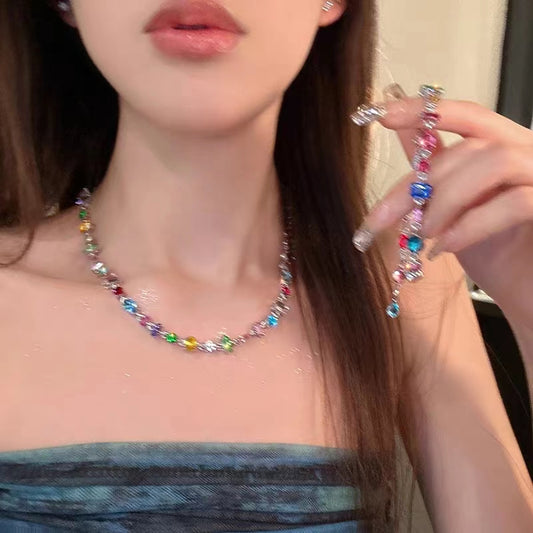 Sunset Party~Candy Colorful Crystal Necklace Light Luxury Crowd 2023 New Popular Collar Chain Neckchain Female