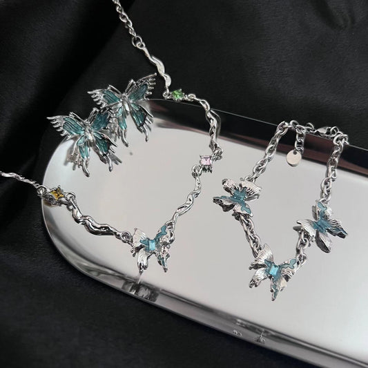 Glacier Butterfly Tassel Splice Necklace, Female Minority Personality, Japanese and Korean Fashion 2023 New Accessories Ring Bracelet