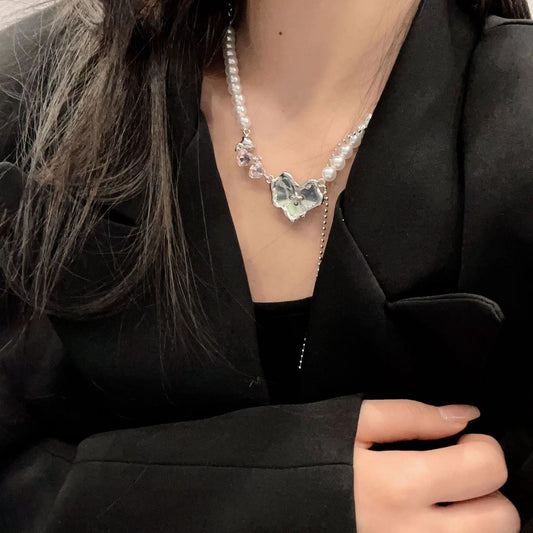 Original Pearl Heart Splice Necklace for Women Summer Sweet Cool Style Neckchain Accessories Light Luxury, Small and Popular Design, High Grade Lock