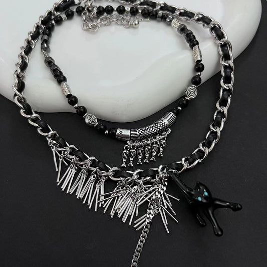 Sweet Cool Style Black Cat Silver Chain Necklace Personalized Fashion Crowd Design Punk ins Spicy Girl Neckchain Collar Chain